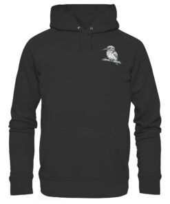 Bio Eisvogel Hoodie für Karpfenangler: schwarzer Eisvogel Hoodie für Naturfreunde. Ein toller Karpfen Hoodie und Geschenk für Angler mit kleinem Eisvogeldruck.