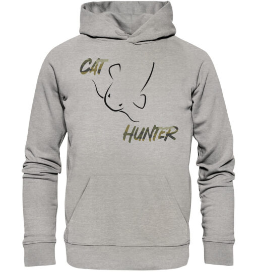 Bio Catfish Hunter Wels Hoodie für Welsangler in grau meliert mit Welsdesign und Schriftzug. Ein tolles Geschenk für Wels Angler. Wels Hoodies für Angler.