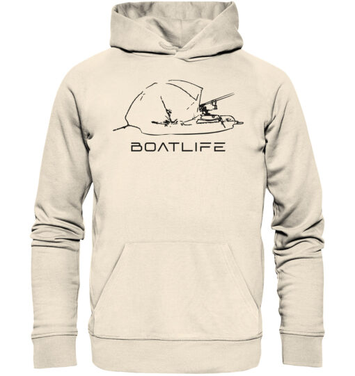 Karpfenangeln vom Boot: der Boatlife Karpfen Hoodie für Karpfenangler. Ein tolles Geschenk für Angler. Bio Angler Hoodie in Naturweiß bestellen.