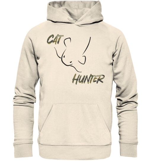 Bio Catfish Hunter Wels Hoodie für Welsangler in naturweiß mit Welsdesign und Schriftzug. Ein tolles Geschenk für Wels Angler. Wels Hoodies für Angler.