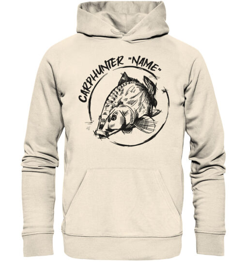 Carphunter Angler Hoodie naturweiß mit elegantem Karpfendesign für Karpfenangler. Personalisierter Karpfen Hoodie für Angler. Ein tolles Geschenk für Angler.