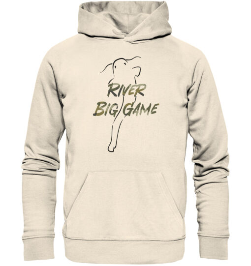 Wels Hoodie für Welsangler in naturweiß mit eleganter Wels Silhouette und River Big Game Schriftzug. Ein tolles Geschenk für Welsangler.