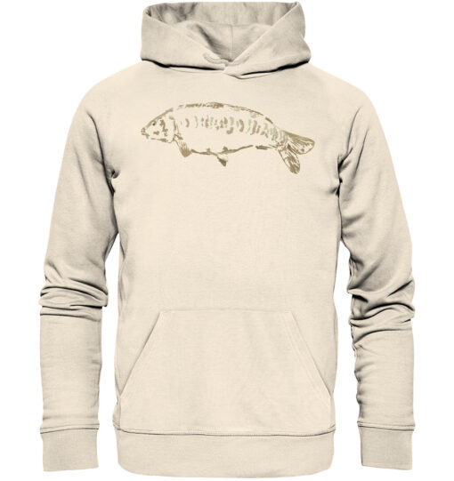 Bio Zeilenkarpfen Hoodie für Karpfenangler: naturweißer Karpfen Hoodie für Angler. Ein tolles Angler Geschenk.