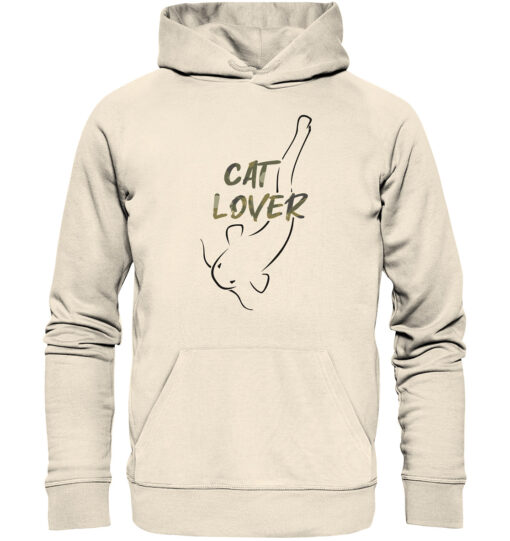 Bio Catfish Lover Wels Hoodie für Welsangler in naturweiß mit Welsdesign und Schriftzug. Ein tolles Geschenk für Wels Angler. Wels Hoodies für Angler.