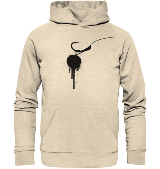 Hookbait Graffiti Hoodie für Karpfenangler: ein Boilie am D-Rig gedruckt auf einem naturweißen Karpfen Hoodie aus Bio-Baumwolle. Besondere Bekleidung für Karpfenangler.