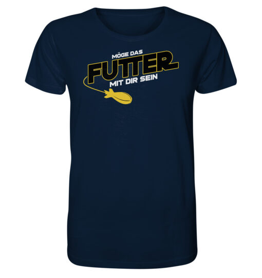 Lustiges Karpfen T-Shirt für Karpfenangler: navyblaues Bio T-Shirt für Angler mit lustigem Druck: Möge das Futter mit dir sein - Spod Edition! Ein lustiges Geschenk für Angler.