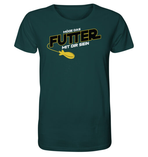 Lustiges Karpfen T-Shirt für Karpfenangler: dunkelgrünes Bio T-Shirt für Angler mit lustigem Druck: Möge das Futter mit dir sein - Spod Edition! Ein lustiges Geschenk für Angler.