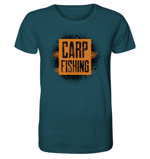 Bio T-Shirt für Karpfenangler: blaues Carpfishing sprayed Bio Carp Shirt für Angler.