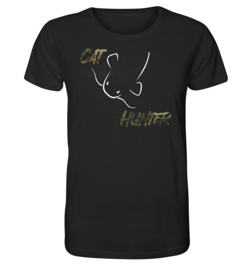 Bio Catfish Hunter Wels T-Shirt für Welsangler in schwarz mit Welsdesign und Schriftzug. Ein tolles Geschenk für Wels Angler. Wels Shirts für Angler.