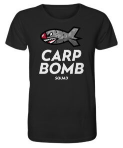 Bio Carp Shirt für Karpfenangler: schwarzes Carp Bomb Squad T-Shirt für Angler mit lustigem Spod Futterraketen Druck.