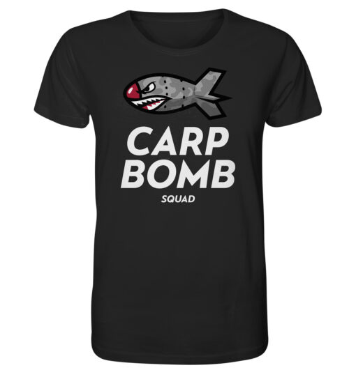 Bio Carp Shirt für Karpfenangler: schwarzes Carp Bomb Squad T-Shirt für Angler mit lustigem Spod Futterraketen Druck.