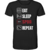 Lustiges Karpfen T-Shirt für Karpfenangler: schwarzes Bio T-Shirt für Angler mit lustigem Druck: eat, sleep, spod, repeat.