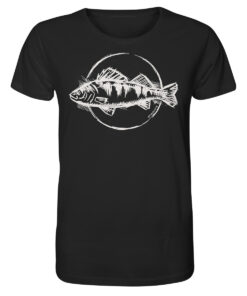 Bio Barsch T-Shirt für Angler in schwarz mit handgezeichnetem Barsch Aufdruck. Ein tolles Geschenk für Raubfisch Angler. Barsch Shirts für Angler hier bestellen.