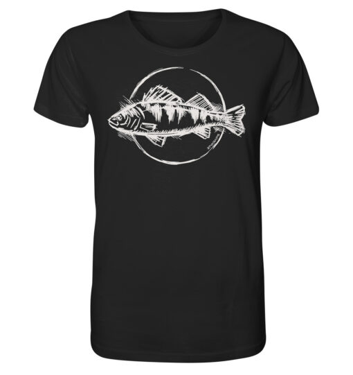 Bio Barsch T-Shirt für Angler in schwarz mit handgezeichnetem Barsch Aufdruck. Ein tolles Geschenk für Raubfisch Angler. Barsch Shirts für Angler hier bestellen.