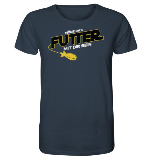 Lustiges Karpfen T-Shirt für Karpfenangler: graublaues Bio T-Shirt für Angler mit lustigem Druck: Möge das Futter mit dir sein - Spod Edition! Ein lustiges Geschenk für Angler.