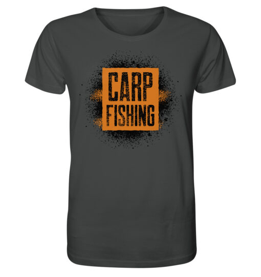 Bio T-Shirt für Karpfenangler: anthrazitfarbenes Carpfishing sprayed Bio Carp Shirt für Angler.