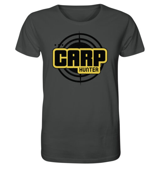 Anthrazitfarbenes Carp Hunter T-Shirt für Karpfenangler mit dem auffälligen carphunter Design für Karpfenangler. Ein tolles Geschenk für Angler!