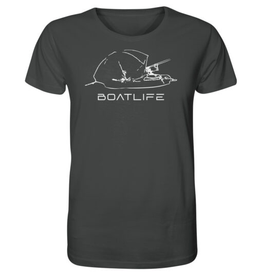 Karpfenangeln vom Boot: das Boatlife Karpfen Shirt für Karpfenangler. Ein tolles Geschenk für Angler. Bio Angler T-Shirt in Anthrazit bestellen.