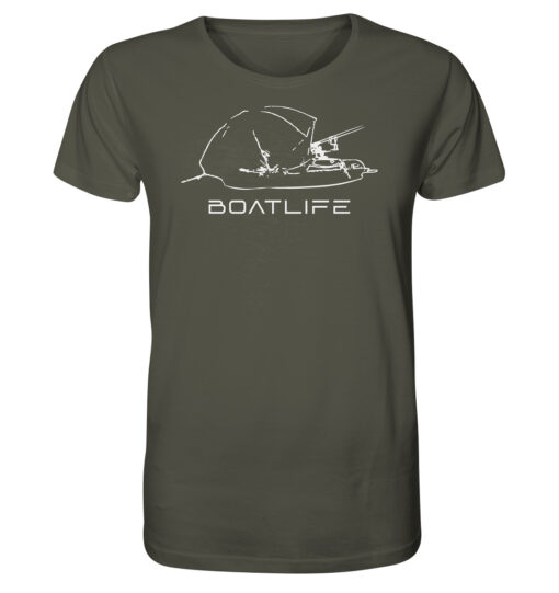 Karpfenangeln vom Boot: das Boatlife Karpfen Shirt für Karpfenangler. Ein tolles Geschenk für Angler. Bio Angler T-Shirt in Olivgrün bestellen.