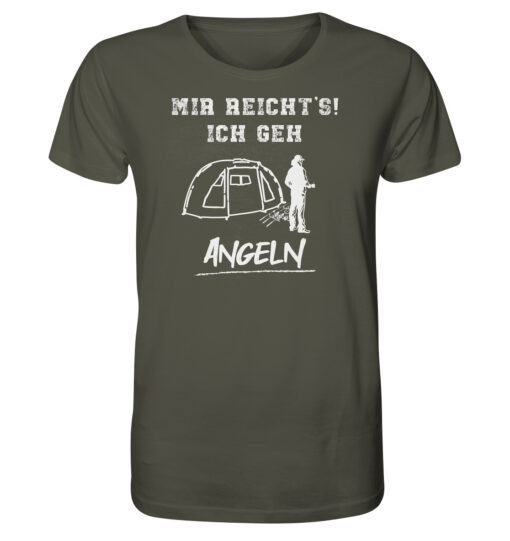 Mir reichts ich geh angeln! Lustiges Karpfen T-Shirt für Karpfenangler: olivgrünes Bio T-Shirt für Angler mit lustigem Druck! Ein lustiges Geschenk für Angler.