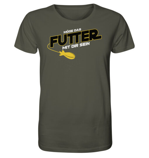 Lustiges Karpfen T-Shirt für Karpfenangler: olivgrünes Bio T-Shirt für Angler mit lustigem Druck: Möge das Futter mit dir sein - Spod Edition! Ein lustiges Geschenk für Angler.