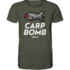 Bio Carp Shirt für Karpfenangler: olivgrünes Carp Bomb Squad T-Shirt für Angler mit lustigem Spod Futterraketen Druck.