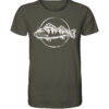 Bio Barsch T-Shirt für Angler in olivgrün mit handgezeichnetem Barsch Aufdruck. Ein tolles Geschenk für Raubfisch Angler. Barsch Shirts für Angler hier bestellen.