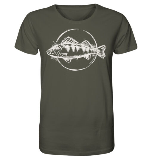 Bio Barsch T-Shirt für Angler in olivgrün mit handgezeichnetem Barsch Aufdruck. Ein tolles Geschenk für Raubfisch Angler. Barsch Shirts für Angler hier bestellen.