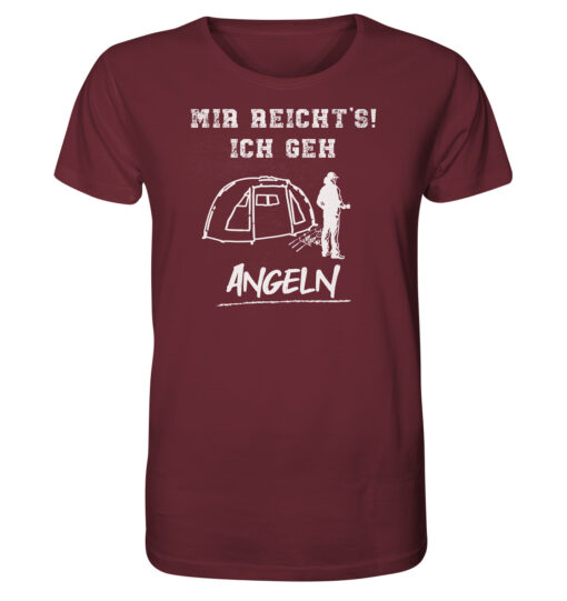 Mir reichts ich geh angeln! Lustiges Karpfen T-Shirt für Karpfenangler: burgundrotes Bio T-Shirt für Angler mit lustigem Druck! Ein lustiges Geschenk für Angler.