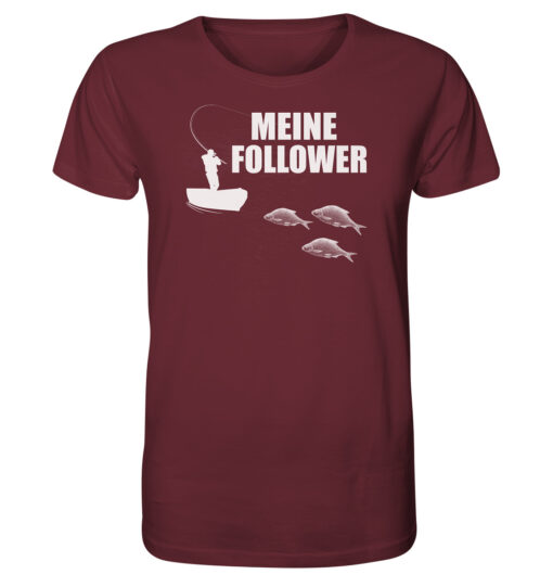 Lustiges Angler T-Shirt für Karpfenangler: burgundrotes Bio T-Shirt für Angler mit lustigem Druck: Meine Follower Brassen! Ein lustiges Geschenk für Angler.