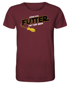 Lustiges Karpfen T-Shirt für Karpfenangler: burgundrotes Bio T-Shirt für Angler mit lustigem Druck: Möge das Futter mit dir sein - Spod Edition! Ein lustiges Geschenk für Angler.