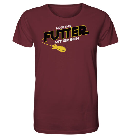 Lustiges Karpfen T-Shirt für Karpfenangler: burgundrotes Bio T-Shirt für Angler mit lustigem Druck: Möge das Futter mit dir sein - Spod Edition! Ein lustiges Geschenk für Angler.