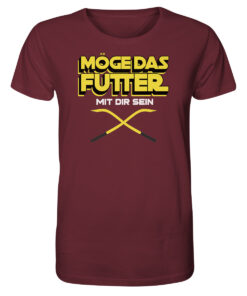 Lustiges Karpfen Shirt für Karpfenangler: burgundrotes Bio T-Shirt für Angler mit lustigem Druck: Möge das Futter mit dir sein! Ein lustiges Geschenk für Angler.