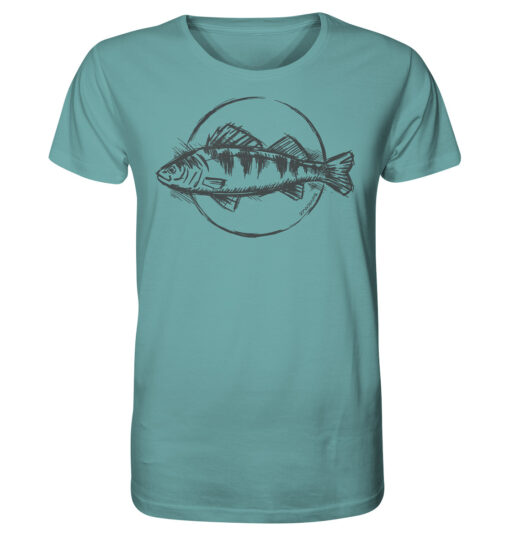 Bio Barsch T-Shirt für Angler in hellblau mit handgezeichnetem Barsch Aufdruck. Ein tolles Geschenk für Raubfisch Angler. Barsch Shirts für Angler hier bestellen.