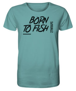 Bio T-Shirt für Angler. Born to fish: zum Angeln geboren. Nachhaltig gedruckt auf einem hellblauen Bio T-Shirt. Ein tolles Geschenk für Angler hier kaufen.