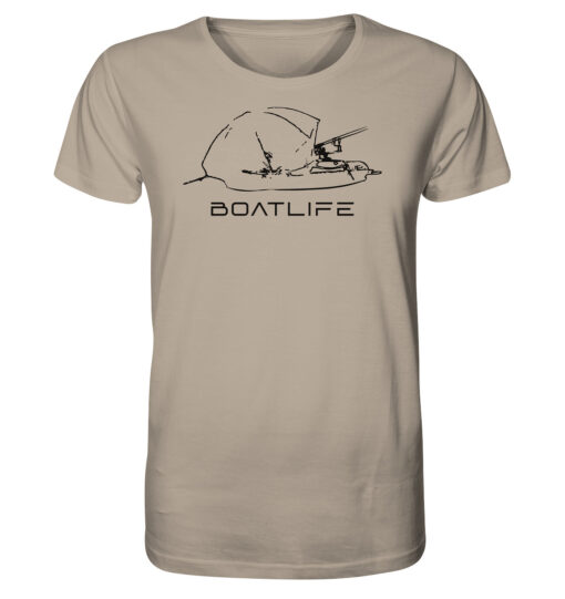 Karpfenangeln vom Boot: das Boatlife Karpfen Shirt für Karpfenangler. Ein tolles Geschenk für Angler. Bio Angler T-Shirt in Sandfarben bestellen.