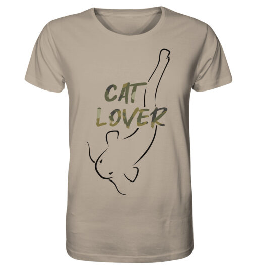 Bio Catfish Lover Wels T-Shirt für Welsangler in sandbraun mit Welsdesign und Schriftzug. Ein tolles Geschenk für Wels Angler. Wels Shirts für Angler.