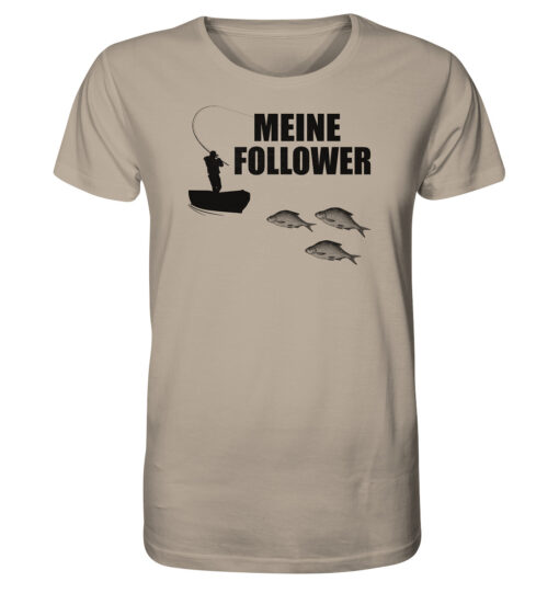 Lustiges Angler T-Shirt für Karpfenangler: sandfarbenes Bio T-Shirt für Angler mit lustigem Druck: Meine Follower Brassen! Ein lustiges Geschenk für Angler.