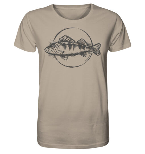 Bio Barsch T-Shirt für Angler in sandfarben mit handgezeichnetem Barsch Aufdruck. Ein tolles Geschenk für Raubfisch Angler. Barsch Shirts für Angler hier bestellen.