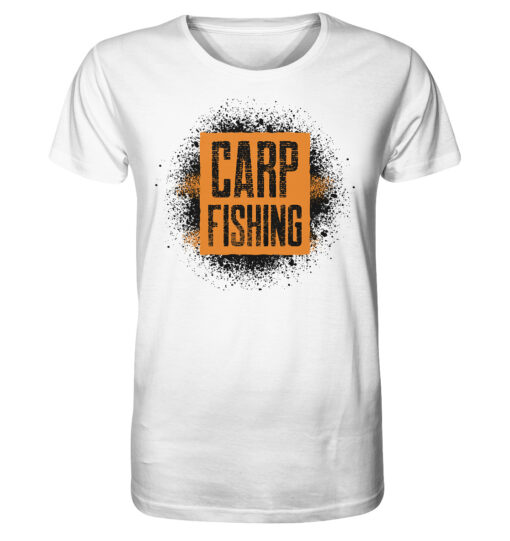 Bio T-Shirt für Karpfenangler: weißes Carpfishing sprayed Bio Carp Shirt für Angler.