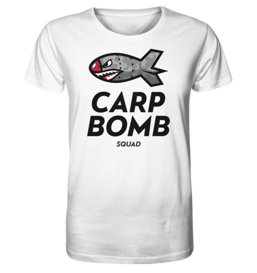 Bio Carp Shirt für Karpfenangler: weißes Carp Bomb Squad T-Shirt für Angler mit lustigem Spod Futterraketen Druck.