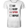 Lustiges Karpfen T-Shirt für Karpfenangler: weißes Bio T-Shirt für Angler mit lustigem Druck: eat, sleep, spod, repeat.