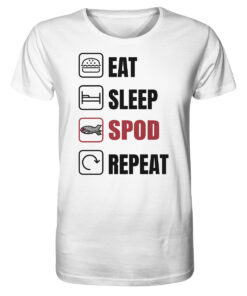 Lustiges Karpfen T-Shirt für Karpfenangler: weißes Bio T-Shirt für Angler mit lustigem Druck: eat, sleep, spod, repeat.