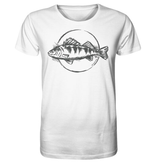 Bio Barsch T-Shirt für Angler in weiß mit handgezeichnetem Barsch Aufdruck. Ein tolles Geschenk für Raubfisch Angler. Barsch Shirts für Angler hier bestellen.