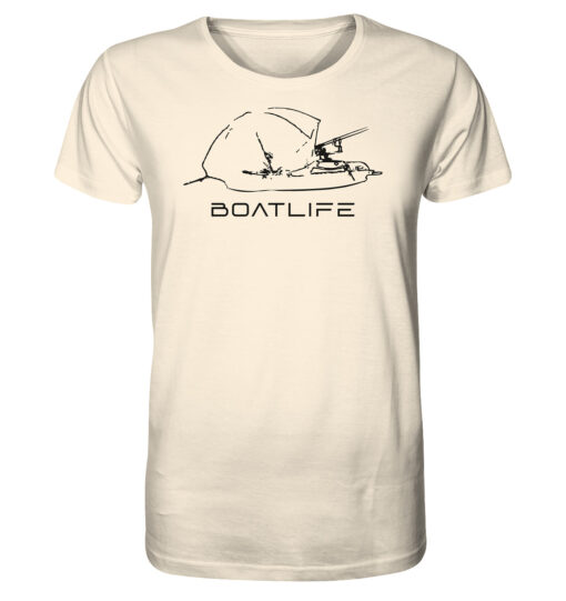 Karpfenangeln vom Boot: das Boatlife Karpfen Shirt für Karpfenangler. Ein tolles Geschenk für Angler. Bio Angler T-Shirt in Naturweiß bestellen.