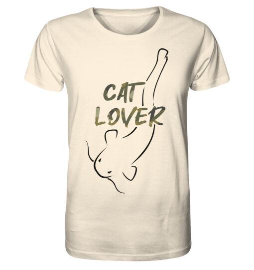 Bio Catfish Lover Wels T-Shirt für Welsangler in naturweiß mit Welsdesign und Schriftzug. Ein tolles Geschenk für Wels Angler. Wels Shirts für Angler.