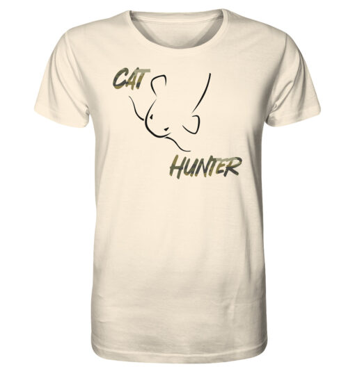 Bio Catfish Hunter Wels T-Shirt für Welsangler in naturweiß mit Welsdesign und Schriftzug. Ein tolles Geschenk für Wels Angler. Wels Shirts für Angler.