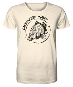 Carphunter Angler Shirt mit elegantem Karpfendesign für Karpfenangler. Personalisiertes Karpfen Shirt für Angler in naturweiß. Ein tolles Geschenk für Angler.