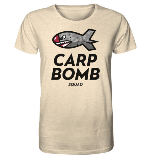 Bio Carp Shirt für Karpfenangler: naturweißes Carp Bomb Squad T-Shirt für Angler mit lustigem Spod Futterraketen Druck.