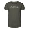 Bio Karpfen Shirt für Karpfenangler mit Karpfenzelt und Herzschlaglinie: olivgrünes Herzschlag Bivvy T-Shirt für Angler. Ein tolles Angler T-Shirt und Geschenk für Karpfenangler.